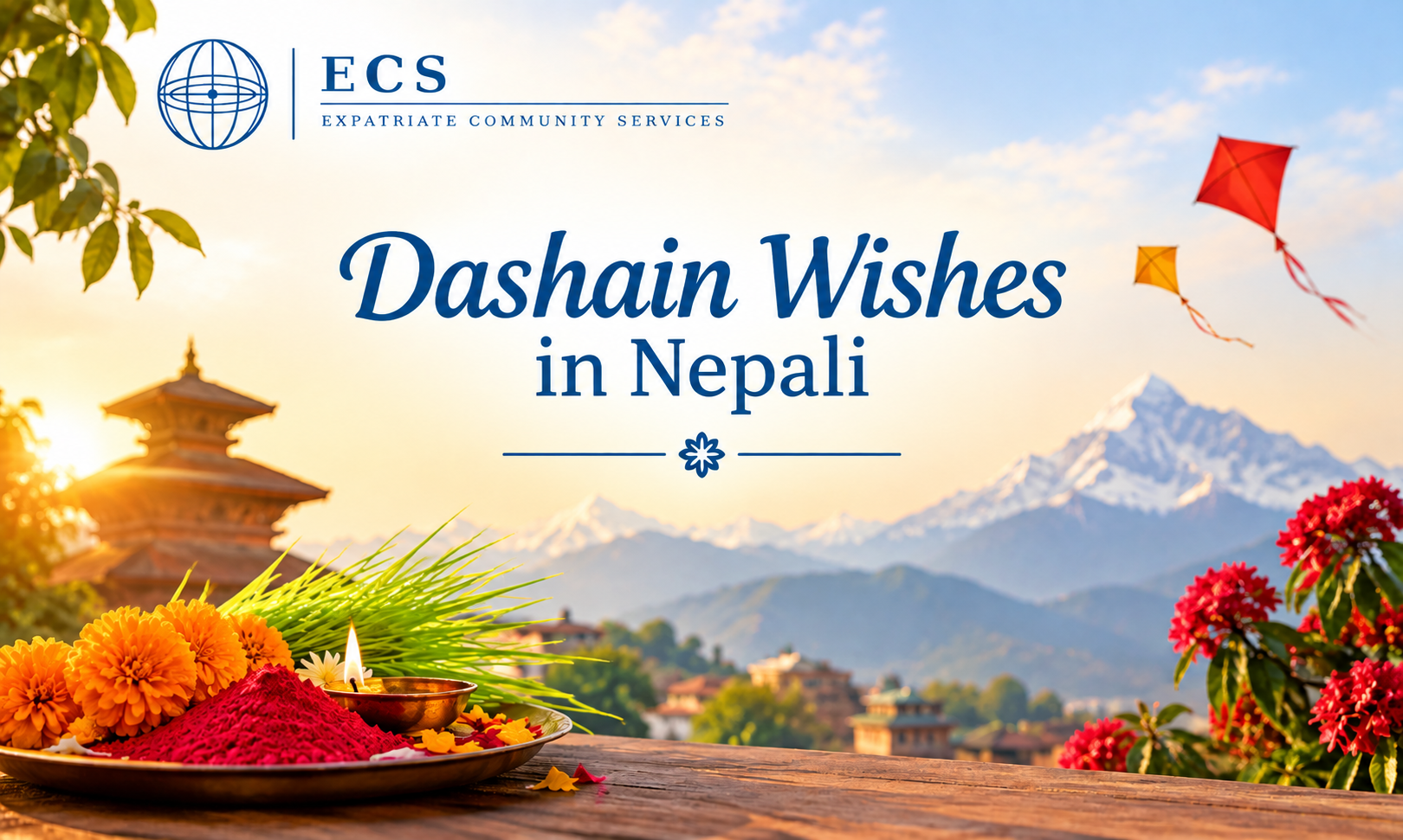 Dashain Wishes in Nepali — a brass plate of red tika, rice and golden jamara shoots prepared for the Vijaya Dashami ceremony