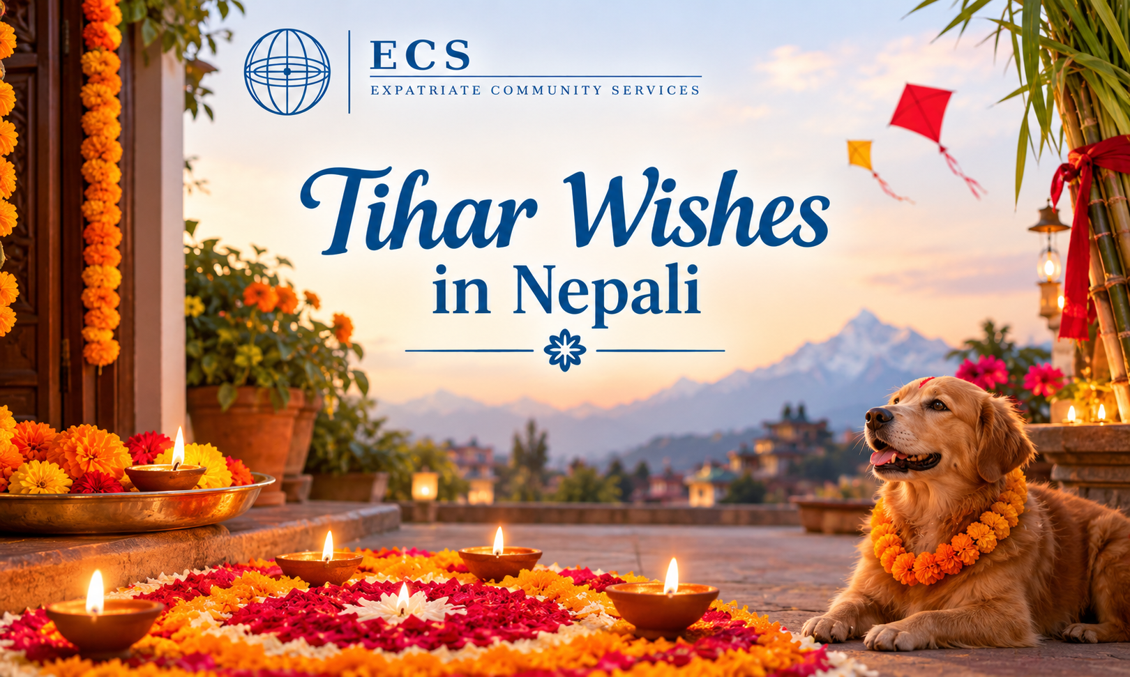 Tihar Wishes in Nepali — rows of clay diyo lamps, makhamali garlands and a Bhai Tika plate prepared for the festival